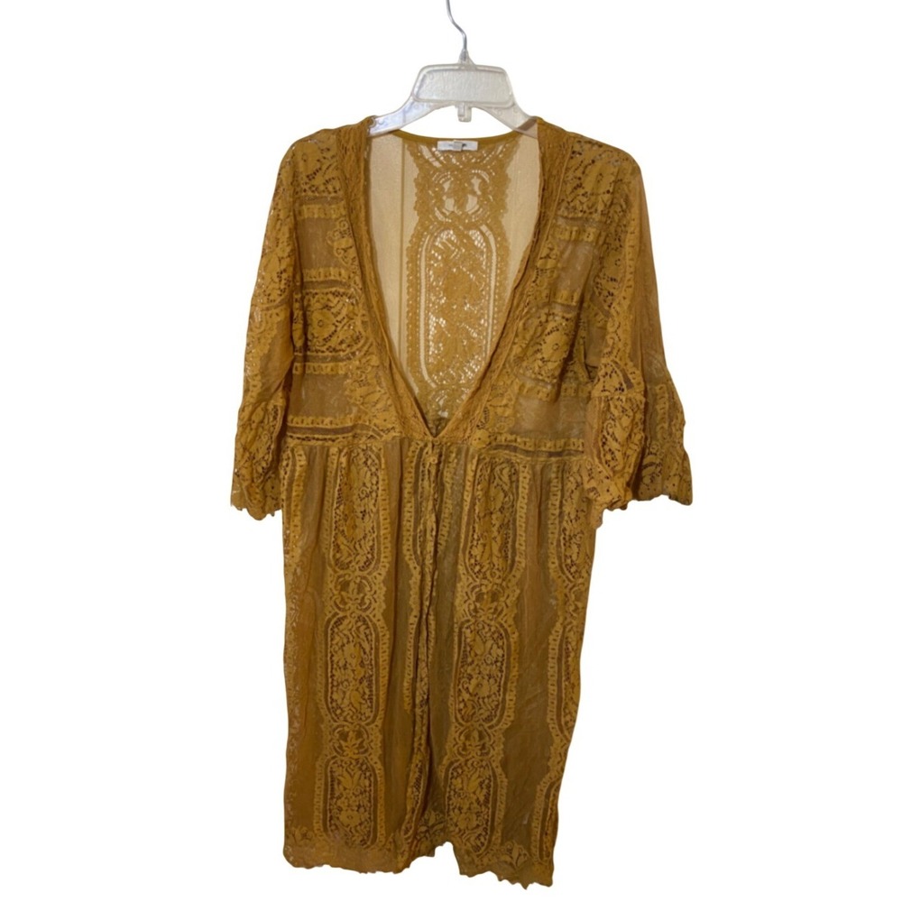 Maurices Mustard Yellow Lace‎ Kimono Cardigan Sheer Boho Cover Up XL